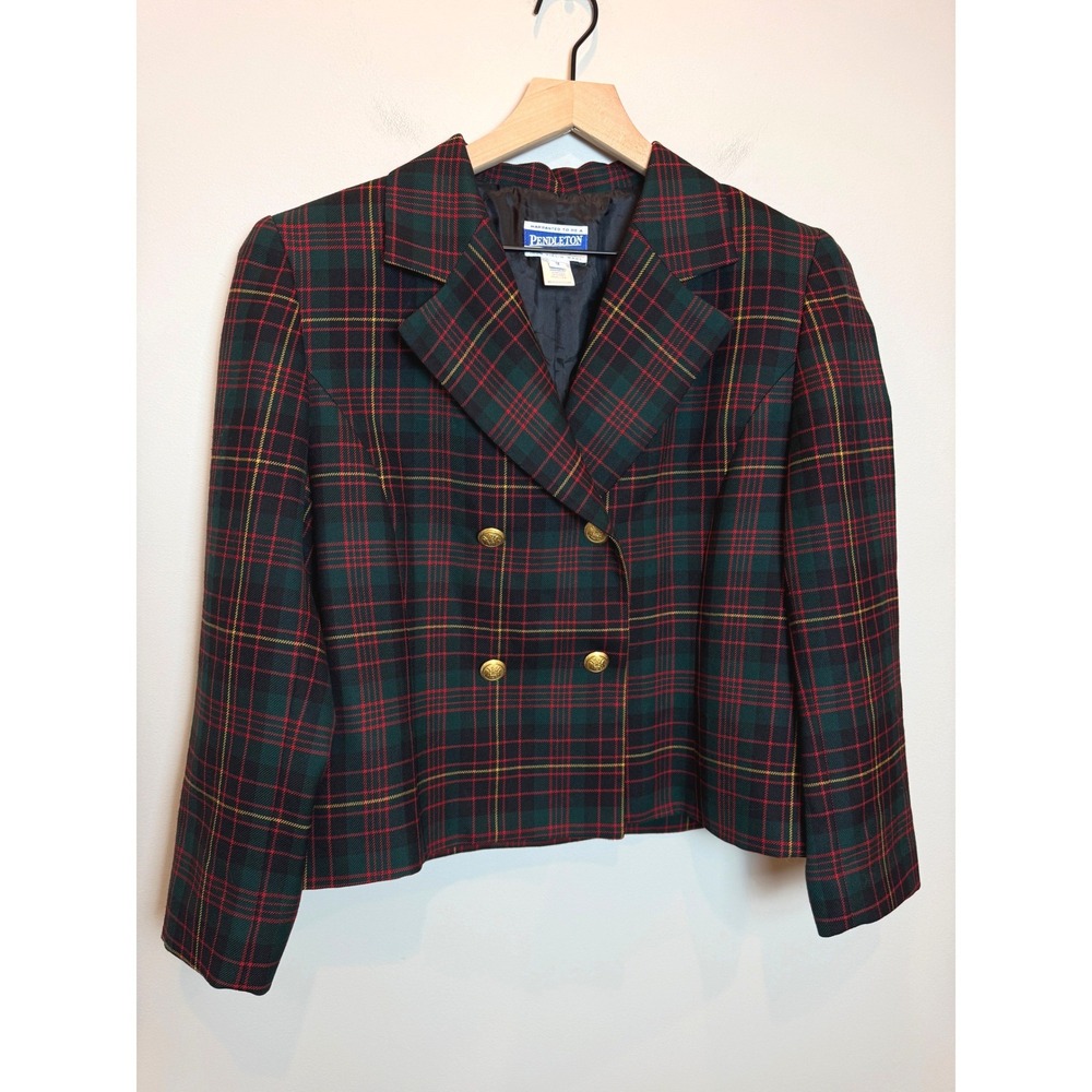 Pendelton 100% Virgin Wool Tartan Plaid Blazer Jacket 12 Petite Green Red Gold